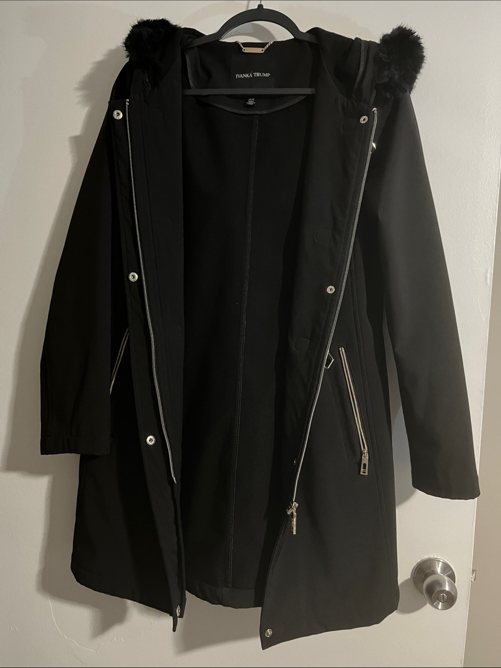 Ivanka Trump Black Hooded Trench Coat with Faux Fur Trim